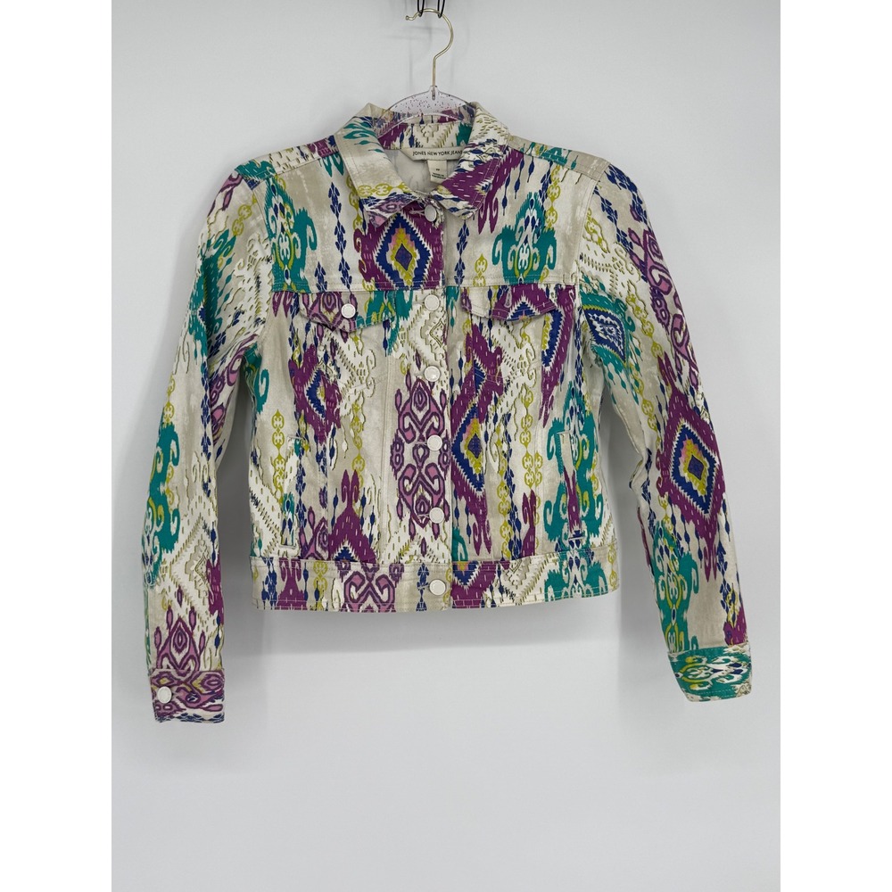 JONES NEW YORK JEANS Multicolored Ikat Print Denim Jacket Women Sz‎ PP